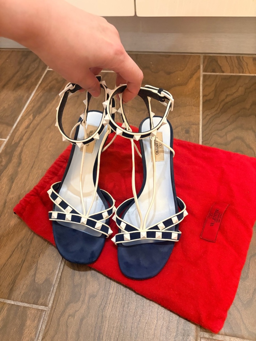 Valentino Navy and White Rockstud Suede Strap Heels